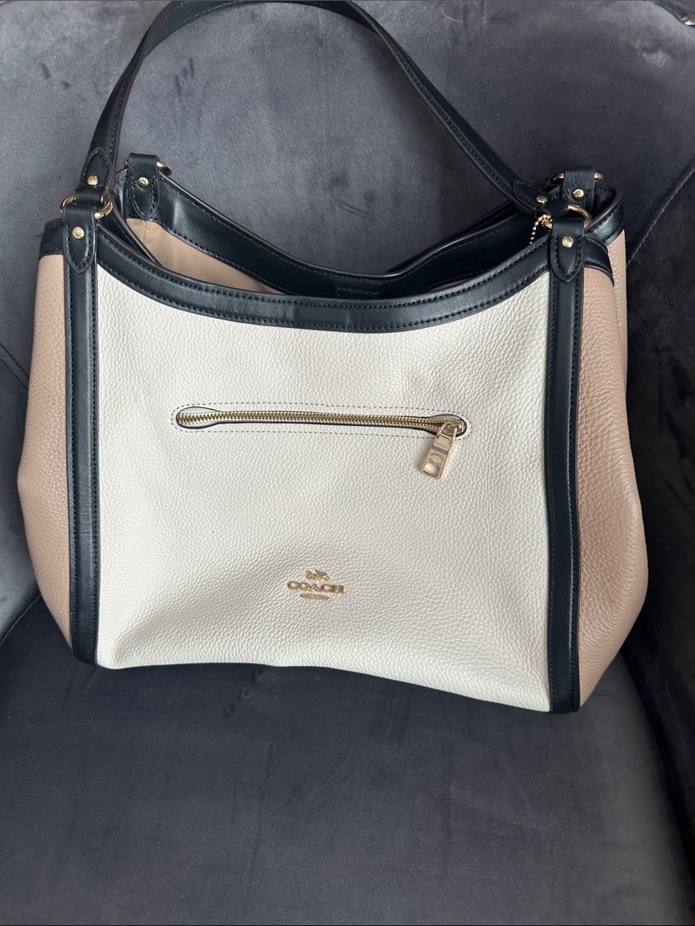 Coach Two-Tone Pebbled Leather Shoulder Bag in Cream, Beige and Black